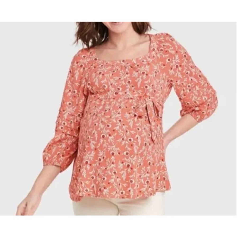 ISABEL MATERNITY Women's X-Large Orange Floral Blouse with Square Neckline NWOT